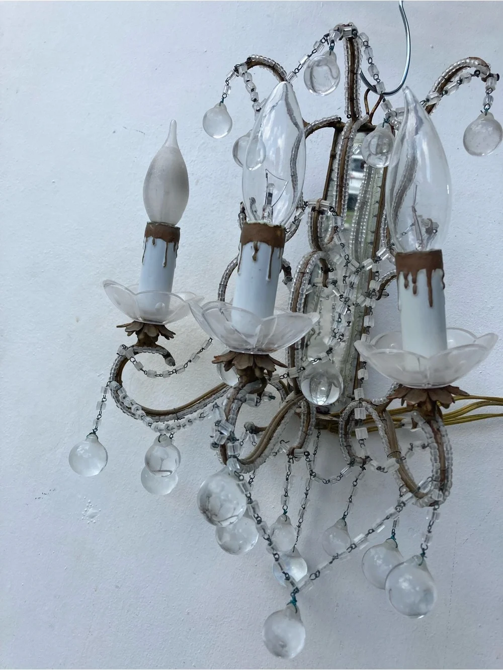 Vintage Italian Macaroni Beaded Glass 3 Light Wall Sconces Pair